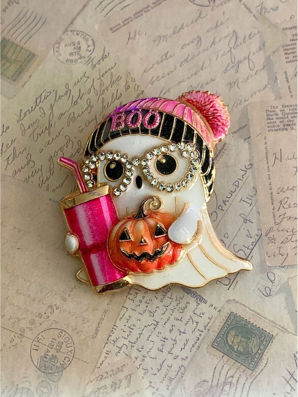 Cute Halloween Ghost Brooch with Pumpkin & Pink 'Boo' Beanie Hat Brooch - Picture 1 of 4